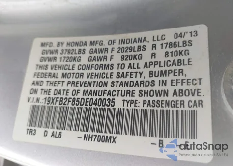 2013 Honda Civic Ex z USA, uszkodzony, nr VIN 19XFB2F85DE040035